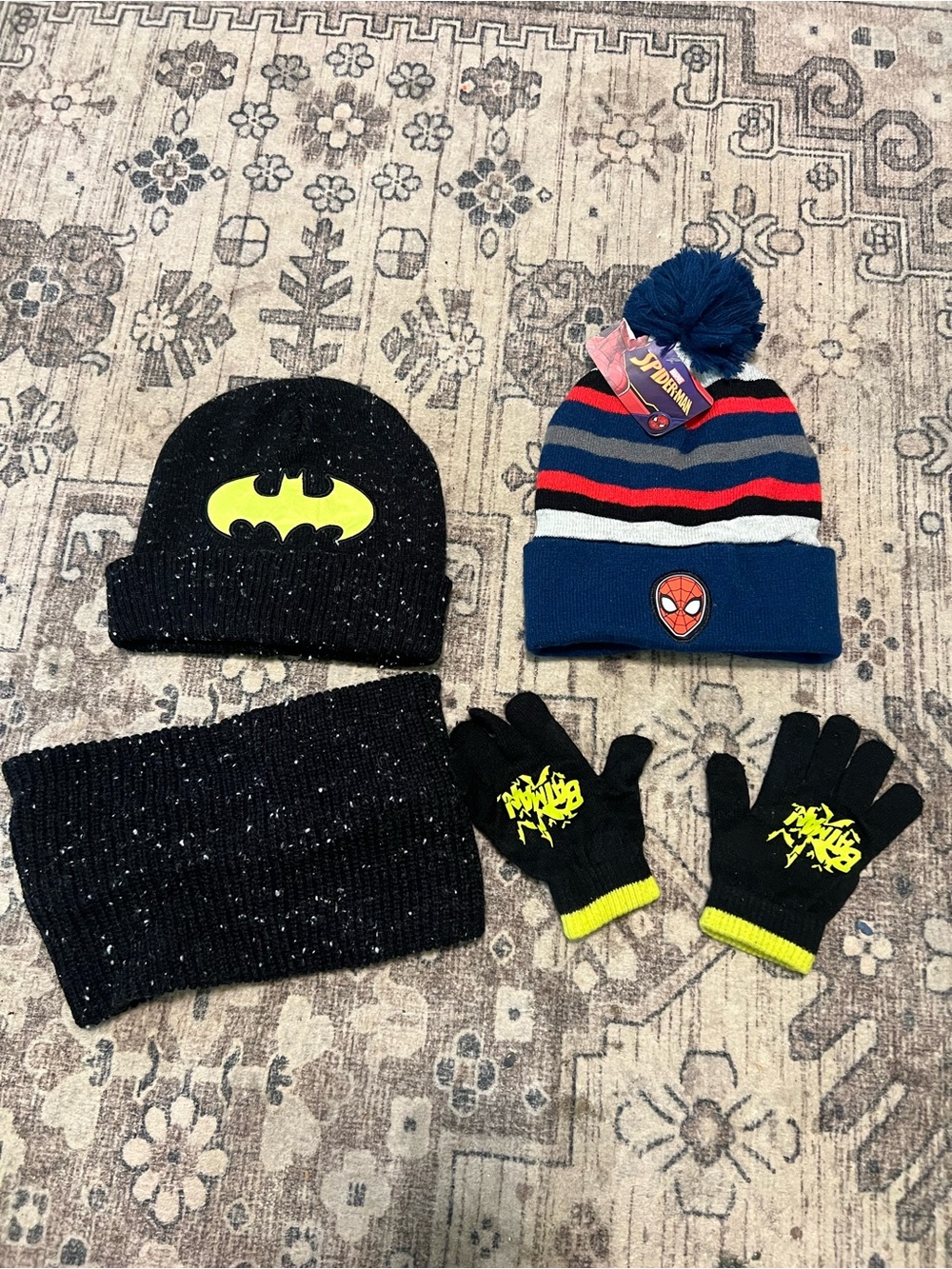 Batman Black Beanie with Yellow Logo and Matching Black Gloves